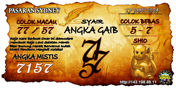 Prediksi Togel Sydney Senin 17 Juni 2024